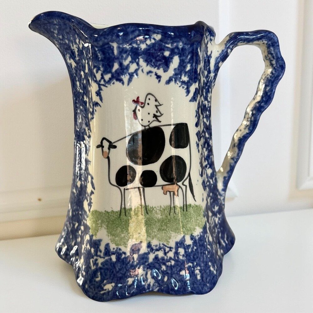 Molly Dallas Pottery Blue Spatterware Folk Art Cow Rooster Pitcher Jug Carafe
